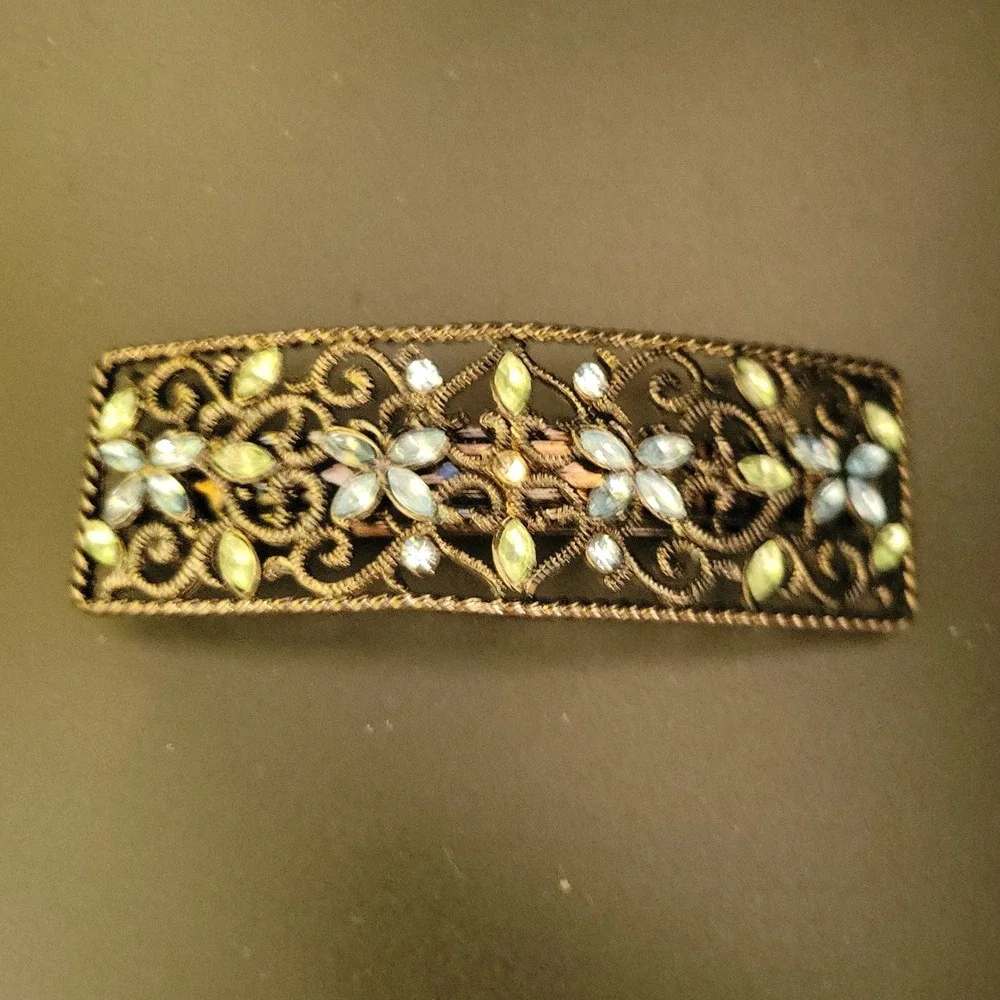 Vintage Bronze Filigree Rhinestone Floral Hair Barrette Clip 3.5
